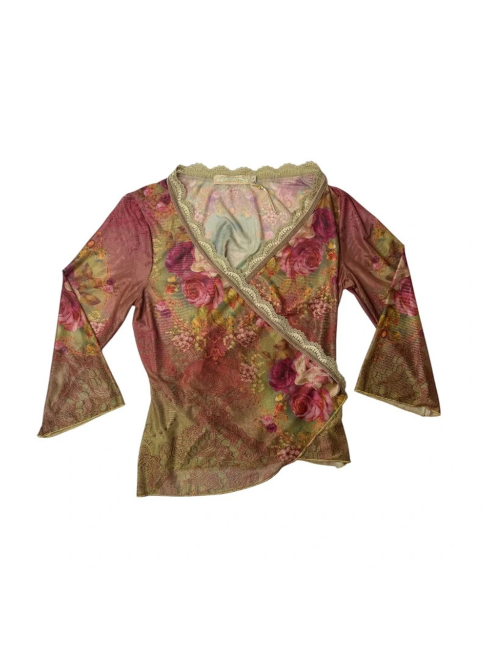 Michal Negrin Y2K Victorian Rose Cameo Print Lace Trim Wrap Top Size L